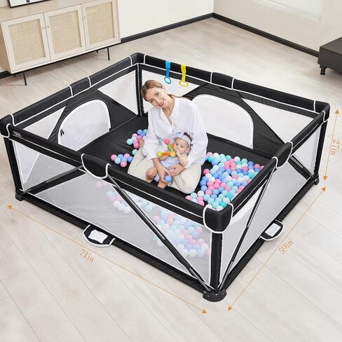 ANGELBLISS Baby Playpen, Foldable Playpen for Babies and Toddlers, Indoor & Outdoor Baby Activity Center with Visible Breathable Mesh, Portable Play Yard with 2 Handlers+50 Balls-50"×50"(Black) in Kuwait