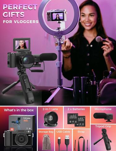 كاميرا رقمية مع مجموعة ملحقات منشئة كاميرا فيديو بدقة 48 ميجابكسل بدقة 4K لمدوني الفيديو وجهاز تحكم عن بعد وضبط تلقائي للصورة وشاشة قابلة للطي وكاميرات فيديو مع قبضة حامل ثلاثي القوائم وزاوية واسعة وعدسة ماكرو وميكروفون وبطاريات in Kuwait