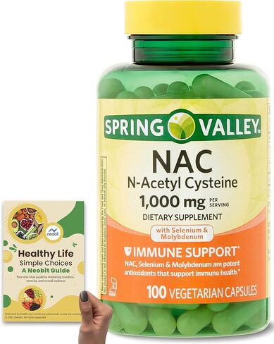 Spring Valley NAC (N-Acetyl Cysteine)، 600 مجم، 60 قطعة، مع السيلينيوم والموليبدينوم، كبسولات نباتية لدعم المناعة - حزمة مع دليل "حياة صحية، خيارات بسيطة" in Kuwait