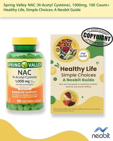 Spring Valley NAC (N-Acetyl Cysteine)، 600 مجم، 60 قطعة، مع السيلينيوم والموليبدينوم، كبسولات نباتية لدعم المناعة - حزمة مع دليل "حياة صحية، خيارات بسيطة" in Kuwait