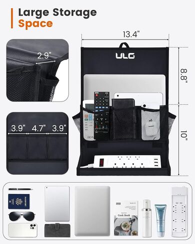 يو ال جي منظم بجانب السرير، منظم بجانب السرير مع حامل شريط الطاقة، منظم تخزين بجانب السرير مع 6 جيوب، منظم متعدد الوظائف لاجهزة التحكم عن بعد والمجلات والهواتف والتابلت (اسود) in Kuwait