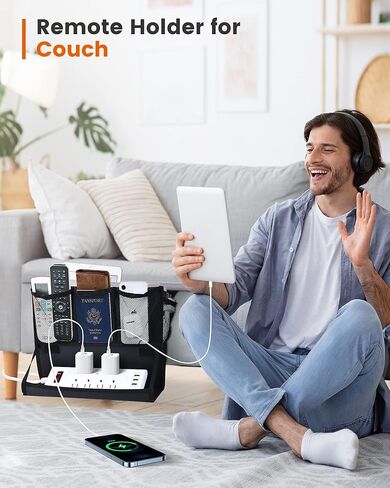 يو ال جي منظم بجانب السرير، منظم بجانب السرير مع حامل شريط الطاقة، منظم تخزين بجانب السرير مع 6 جيوب، منظم متعدد الوظائف لاجهزة التحكم عن بعد والمجلات والهواتف والتابلت (اسود) in Kuwait