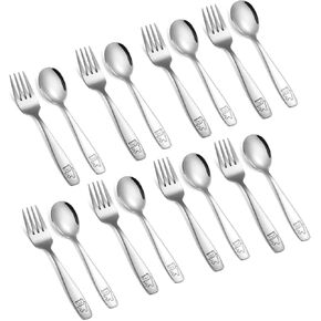 16 Pieces Toddler Utensils Kids Silverware Set, Stainless Steel Childrens Forks and Spoons, Metal Kids Safe Flatware Set, Dishwasher Safe in Kuwait