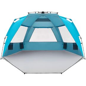 Easthills Outdoors تظليل فوري معزز فاخر XL خيمة الشاطئ سهلة الإعداد من 4 إلى 6 أشخاص مأوى للشمس بعرض 99 بوصة للعائلة UPF 50+ طلاء فضي مزدوج مع شرفة ممتدة بسحاب أزرق سماوي in Saudi Arabia
