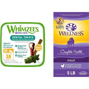 Whimzees Wellness Complete Health Small Breed Dry Dog Food, Turkey, Oatmeal & Salmon Meal, 4 Pound Bag Dental Chew Variety Container, Small, 56 Count