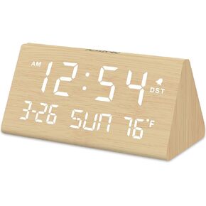 DreamSky Digital Alarm Clocks for Bedrooms - Wooden Electric Clock with USB Ports, Date, Weekday, Temperature, 0-100% Brightness Dimmer, Adjustable Alarm Volume, Snooze, Auto DST