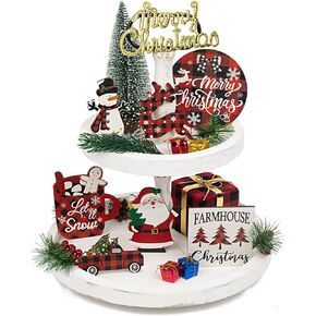 INHOTBY Christmas Decor-Farmhouse Rustic Country Winter Tiered Tray Christmas Decor Set,8Pcs Wooden Signs Gingerbread Buffalo Plaid Christmas Table Top Decorations Indoor Home Room(Tray Not Including)