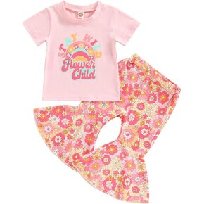 Emmababy Toddler Baby Girl Clothes Long Sleeve Cow Print Outfit T-Shirt + Flare Pants Bell-Bottom Tie Dye Leggings Set 0-4T