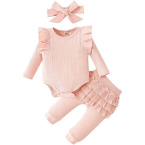 ملابس Bekarsy للفتيات الصغيرات ملابس الخريف للرضع مجموعة سراويل رومبير بأكمام طويلة مضلعة مكونة من 3 قطع in Kuwait