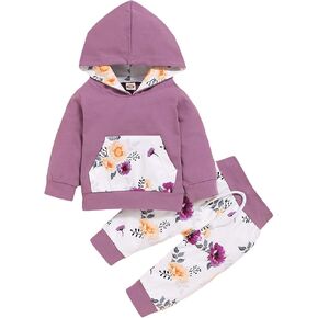 3Pcs Infant Toddler Baby Girl Clothes Long Sleeve Hoodie with Pocket Tops Floral Pants Outfits Set with Headband in Kuwait