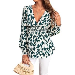 OYOANGLE Women's Maternity Shirts Deep V Neck Long Puff Sleeve Blouse Pregnancy Clothes Peplum Tops