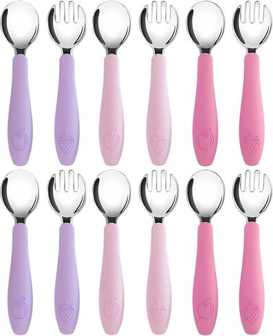 أواني الأطفال الصغار من تشيل أوت لايف، أدوات فضية للأطفال بمقبض من السيليكون، شوك وملاعق معدنية من الفولاذ المقاوم للصدأ، مجموعة أدوات مائدة آمنة للأطفال للتغذية الذاتية، خالية من البيسفينول أ، آمنة للاستخدام في غسالة الأطباق - 12 قطعة in Kuwait