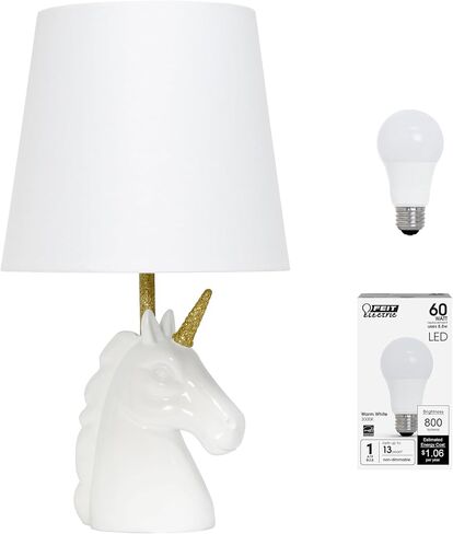 Simple Designs LT1078-WHT-LB 15.5" Sparking Glitter Unicorn Table Lamp for Kids Room, Nursery, Living Room, Bedroom, Playroom, Foyer, White with Gold Glitter, with Feit LED Bulb Included in Saudi Arabia