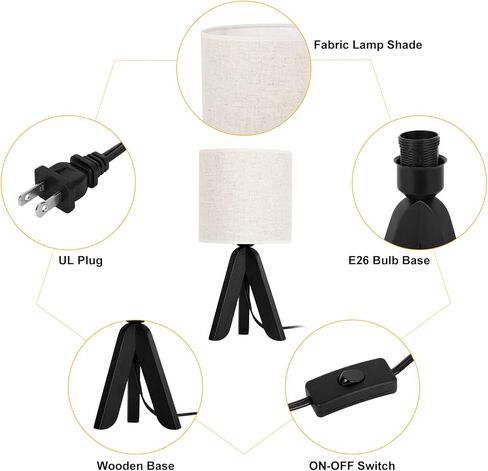 مصباح طاولة صغير لطيف بجانب السرير، مصباح طاولة خشبي ثلاثي القوائم للحضانة، غرفة الأطفال، غرفة النوم، غرفة المعيشة، هدية للأولاد والبنات، قاعدة سوداء (ظل أبيض) in Kuwait