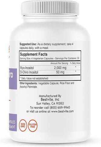 BESTVITE Myo & D-Chiro Inositol (120 كبسولة نباتية) - نسبة 40:1 - بدون ستيرات - نباتي - غير معدل وراثيًا - خالي من الغلوتين in Saudi Arabia