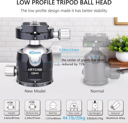 Low Profile Camera Tripod Head with 2 Arca Quick Release Plates 40mm Aluminium 360 Rotating Panoramic Ball Head Load 44lbs/20kg in Saudi Arabia