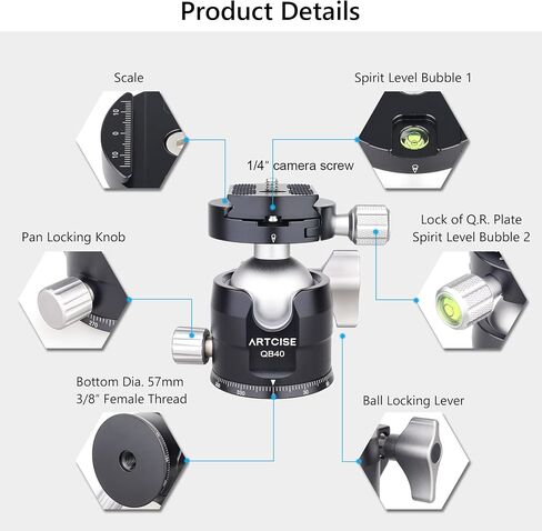 Low Profile Camera Tripod Head with 2 Arca Quick Release Plates 40mm Aluminium 360 Rotating Panoramic Ball Head Load 44lbs/20kg in Saudi Arabia