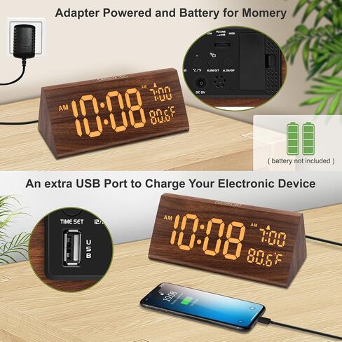 منبه رقمي من DreamSky لغرف النوم - ساعة كهربائية خشبية مع منافذ USB، التاريخ، أيام الأسبوع، درجة الحرارة، سطوع 0-100%، حجم منبه قابل للتعديل، قيلولة بعد الظهر، التوقيت الصيفي التلقائي in Kuwait