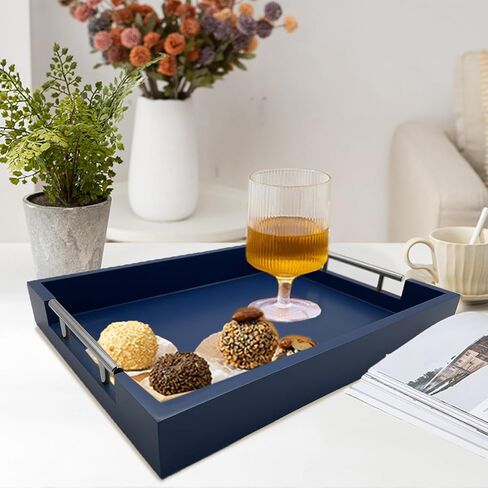 صينية تقديم حديثة من Huibaite، صينية فاخرة لطاولة القهوة مع مقابض معدنية فضية مصقولة، منظم حمام غرفة المعيشة، صينية ديكور حديثة، للتخزين أو العرض (أزرق ذهبي) in Kuwait