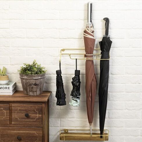 MyGift Wall Mounted Indoor Umbrella Holder Rack with Burnt Wood Base and Brass Metal Wire Frame, 2 Piece in Saudi Arabia
