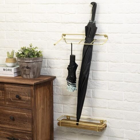 MyGift Wall Mounted Indoor Umbrella Holder Rack with Burnt Wood Base and Brass Metal Wire Frame, 2 Piece in Saudi Arabia