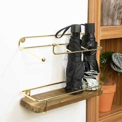 MyGift Wall Mounted Indoor Umbrella Holder Rack with Burnt Wood Base and Brass Metal Wire Frame, 2 Piece in Saudi Arabia