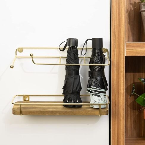 MyGift Wall Mounted Indoor Umbrella Holder Rack with Burnt Wood Base and Brass Metal Wire Frame, 2 Piece in Saudi Arabia
