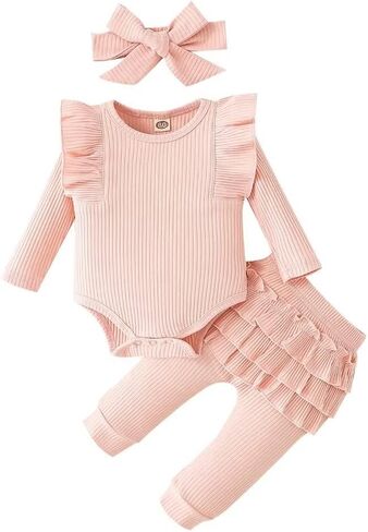 ملابس Bekarsy للفتيات الصغيرات ملابس الخريف للرضع مجموعة سراويل رومبير بأكمام طويلة مضلعة مكونة من 3 قطع in Kuwait