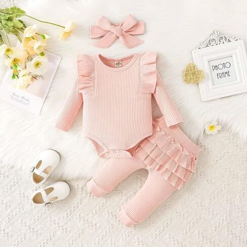 ملابس Bekarsy للفتيات الصغيرات ملابس الخريف للرضع مجموعة سراويل رومبير بأكمام طويلة مضلعة مكونة من 3 قطع in Kuwait