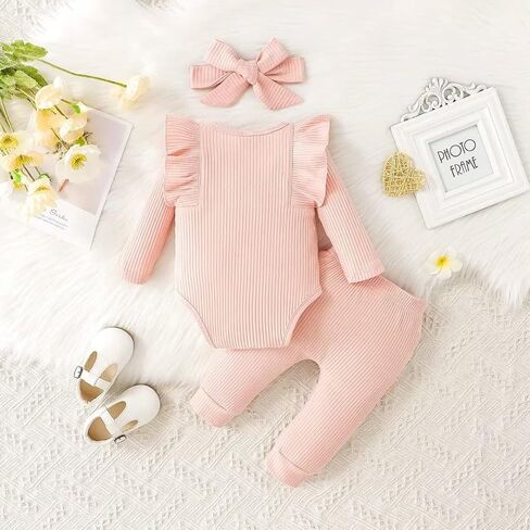 ملابس Bekarsy للفتيات الصغيرات ملابس الخريف للرضع مجموعة سراويل رومبير بأكمام طويلة مضلعة مكونة من 3 قطع in Kuwait