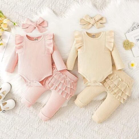 ملابس Bekarsy للفتيات الصغيرات ملابس الخريف للرضع مجموعة سراويل رومبير بأكمام طويلة مضلعة مكونة من 3 قطع in Kuwait