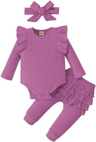 ملابس Bekarsy للفتيات الصغيرات ملابس الخريف للرضع مجموعة سراويل رومبير بأكمام طويلة مضلعة مكونة من 3 قطع in Kuwait