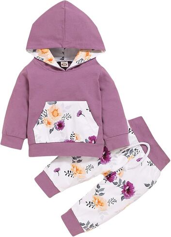 3Pcs Infant Toddler Baby Girl Clothes Long Sleeve Hoodie with Pocket Tops Floral Pants Outfits Set with Headband in Kuwait