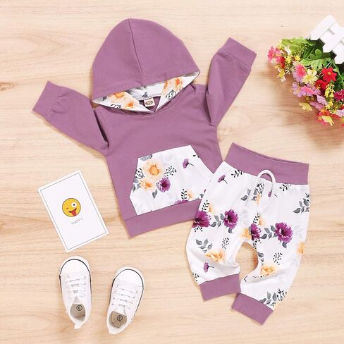3Pcs Infant Toddler Baby Girl Clothes Long Sleeve Hoodie with Pocket Tops Floral Pants Outfits Set with Headband in Kuwait