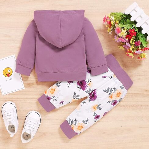 3Pcs Infant Toddler Baby Girl Clothes Long Sleeve Hoodie with Pocket Tops Floral Pants Outfits Set with Headband in Kuwait