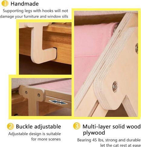 أرجوحة نافذة للقطط، سرير للقطط، أرجوحة للقطط مع إطارات خشبية ومعدنية، سرير للقطط قوي ومتين وقابل للتعديل مناسب لعتبات النوافذ وأراجيح القطط الجانبية للسرير in Kuwait