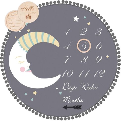 بطانية شهرية للأطفال مع بطاقات رئيسية مزدوجة الجوانب وبساط لعب بحلقة دائرية كبيرة (43.3 بوصة × 43.3 بوصة) سجادة دائرية سميكة من الفلانيل مزدوجة الجوانب للصبي والبنات، دعائم تصوير للأطفال in Kuwait