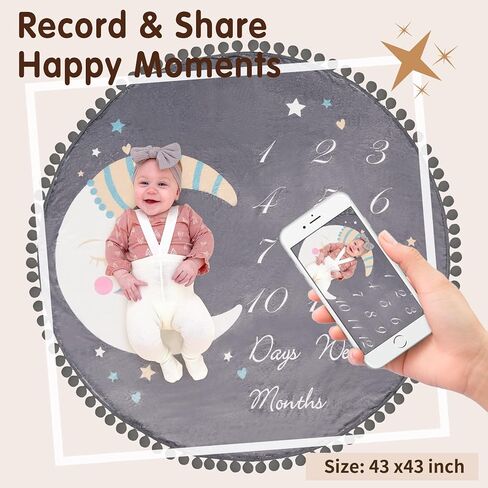 بطانية شهرية للأطفال مع بطاقات رئيسية مزدوجة الجوانب وبساط لعب بحلقة دائرية كبيرة (43.3 بوصة × 43.3 بوصة) سجادة دائرية سميكة من الفلانيل مزدوجة الجوانب للصبي والبنات، دعائم تصوير للأطفال in Kuwait