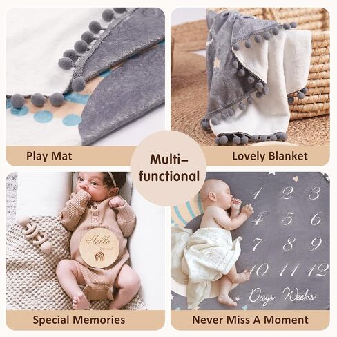 بطانية شهرية للأطفال مع بطاقات رئيسية مزدوجة الجوانب وبساط لعب بحلقة دائرية كبيرة (43.3 بوصة × 43.3 بوصة) سجادة دائرية سميكة من الفلانيل مزدوجة الجوانب للصبي والبنات، دعائم تصوير للأطفال in Kuwait