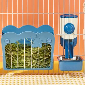 Rabbit Hay Feeder, 3-in-1 Feeding Set with Food Bowl and Hanging Funnel for cage, Hay Rack for Bunny Guinea Pig Chinchilla (Blue)