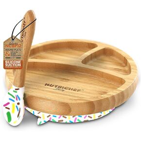NutriChef Baby and Toddler, 3 compartment plate, bowl, and spoon feeding set- silicone suction, Non-toxic all natural Bamboo baby food plate with silicone bib (Sparkle)