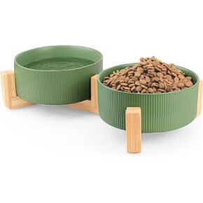 Ptlom Ceramic Pet Bowls for Dog and Cat, No Spill Dog Food and Water Bowl Set with Anti-Slip Wooden Stand, Riased Puppy Feeding Dishes Suitable for Small, Medium and Large Cats Dogs, Green 28 OZ