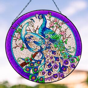 dreamskip 11.8" Peacock Stained Glass Window Hangings, Peacock Wall Art Decor, Suncatcher Panel with Chain (Purple)