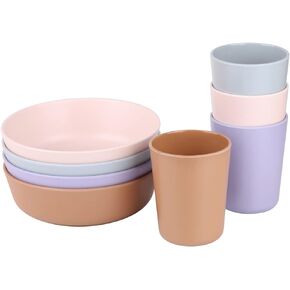 مجموعة أطباق وأكواب من الخيزران للأطفال - 8 قطع من أوعية وأكواب للأطفال الصغار خالية من البيسفينول وصديقة للبيئة وغير سامة وقابلة للتكديس وآمنة للاستخدام في غسالة الأطباق للأطفال in Kuwait