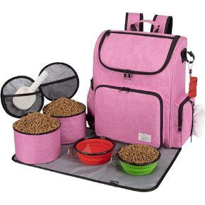 Modoker Dog Travel Bag Backpack, Airline Approved Pet Accessories Organizer for Dog and Cat with Shoulder Strap, 2 Dog Food Storage Containers, 2 Collapsible Dog Bowls,1 Pet Mat, Black