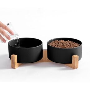 Ihoming Marbling Dog Bowls, Puppy Ceramic Food and Water Bowls Set, 3 1/2 Cups X 2, Indoors Black Pet Bowls with Wood Stand