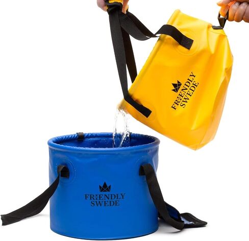 دلو سويدي صديق قابل للطي مع غطاء، دلو قابل للطي للتخييم والسفر والبستنة، دلو مياه محمول مع جيب شبكي لأدوات يدوية، حاوية مياه قابلة للطي، حاوية مياه للتخييم in Kuwait
