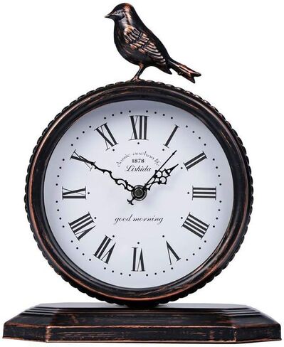 ساعة طاولة معدنية عتيقة من SHISEDECO مع طائر، رف قديم/مكتب كوارتز صناعي معدني من الحديد المطاوع الأوروبي وساعة رف (زهرة قديمة وطيور) in Kuwait