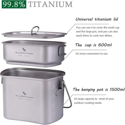 Boundless Voyage Titanium Mess Kit Hanging Pot Cup with Lid Folding Handles Outdoor Camping Cooking Set Ultralight Portable Tableware Cookware in Saudi Arabia