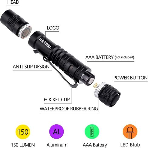 HATORI LED Mini Flashlight, Bright Small Handheld Pocket Flashlights Tactical High Lumens Pen Light for Camping, Outdoor, Emergency, 1 Pack(3.55Inch) in Kuwait